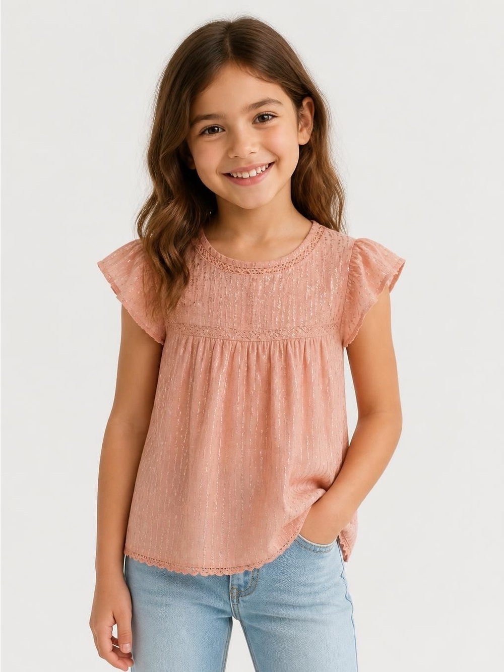 Cat & Jack Girls’ Pink Sparkle Ruffle Blouse, Size M (7/8)